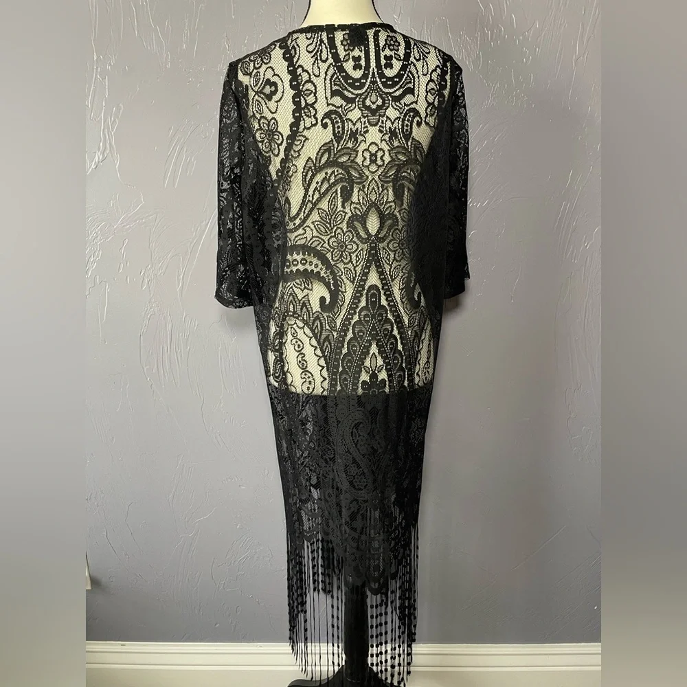Black Lace With Fringe Kimono Size 6 - Picture 3 of 7